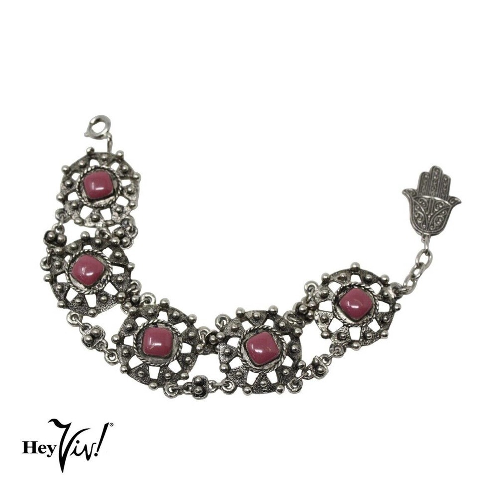 Vintage Souvenir Du Maroc Ornate Silver Bracelet w Square Beads & Hamsa -Hey Viv